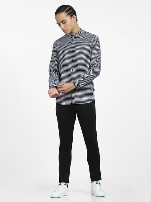 Jack & Jones Navy & Light Grey Slim Fit Textured Cotton Shirt