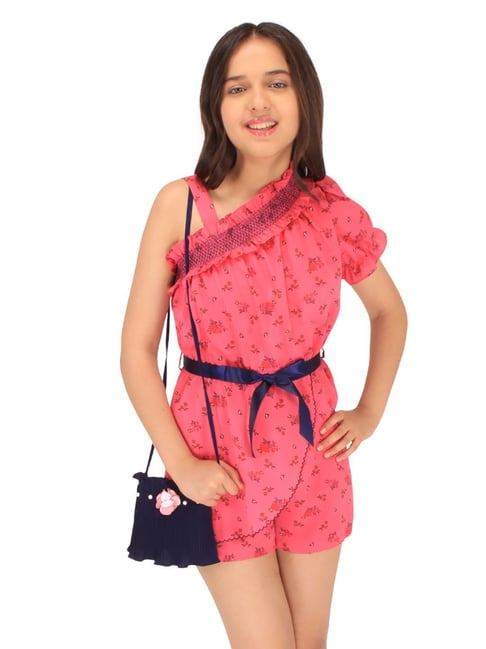 Cutecumber Kids Fuchsia Floral Print Playsuit with Sling Bag
