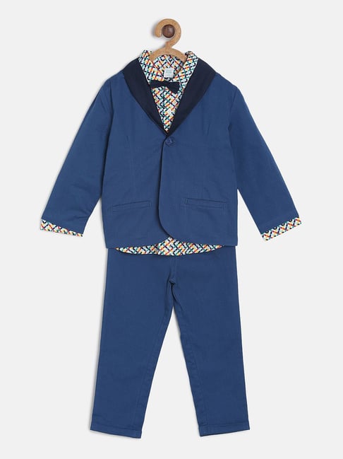 MINIKLUB Kids Blue Solid Full Sleeves Shirt, Waistcoat with Pants
