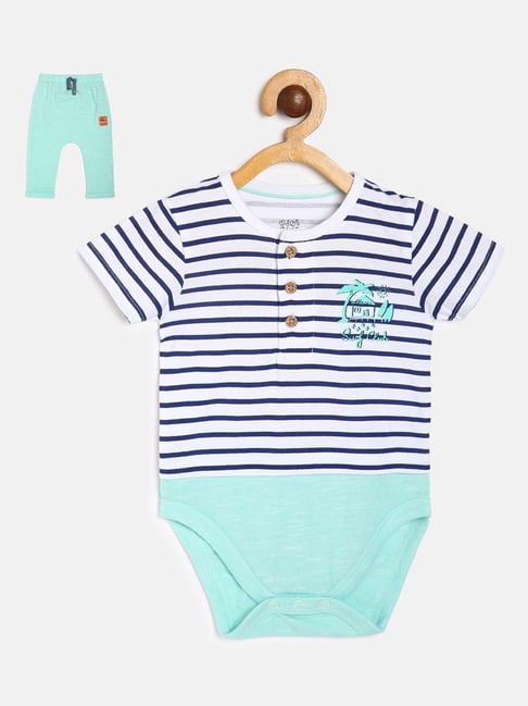 MINIKLUB Kids Aqua Green Striped Bodysuit with Pants-picture-26