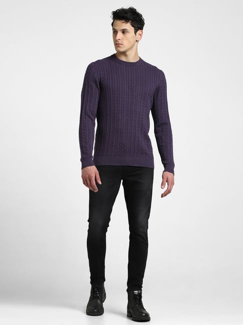 Buy Jack Jones Purple Slim Fit Textured Cotton Sweater for Men's