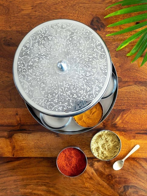 ExclusiveLane Silver Stainless Steel Hand-Etched Spice Box With Spoon  L) Set of