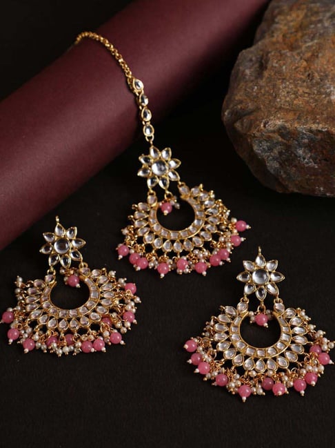 Buy Jade Gold Tone Kundan Earrings and Maang Tikka with Pearls Online -  KARMAPLACE — Karmaplace