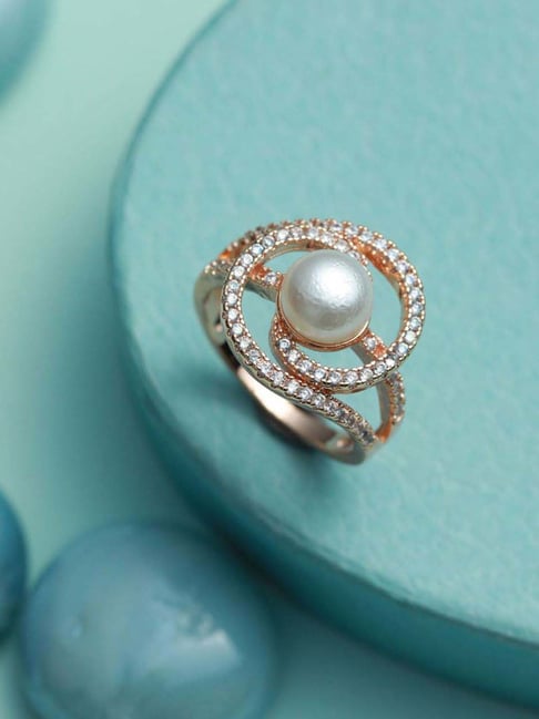Buy Aatmana Rose Gold-Plated White CZ-Studded Pearl Ring Online At