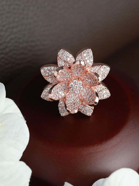 Aatmana Rose Gold-Plated Handcrafted AD Studded Adjustable Floral Finger Ring for Women