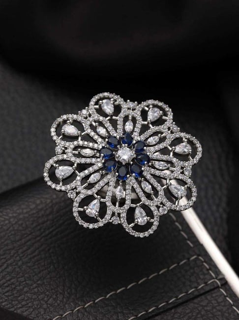 Aatmana Silver-Plated Blue & White AD Studded Adjustable Cocktail Finger Ring for Women-picture-22