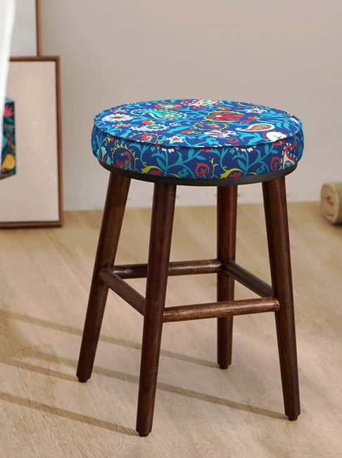 Buy Chumbak English Paisley Dark Blue Wood Cafe Stool at Best