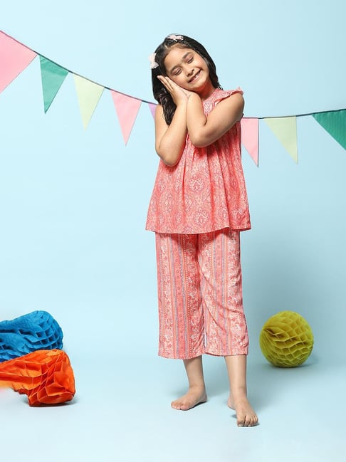 BIBA Girls Coral Floral Print Top with Pants
