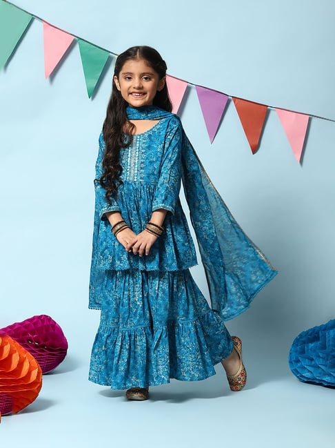 BIBA Girls Dark Blue Printed Kurta Sharara with Dupatta