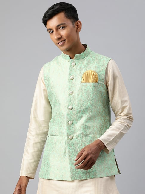 Pink Poly Viscose Kurta Pajama with Floral Butta Thread Work Silk Blend  Mint-Green Nehru Jacket | Exotic India Art