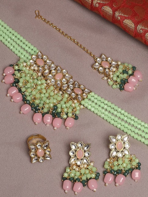 Sea green chalcedony stone leaf design necklace set