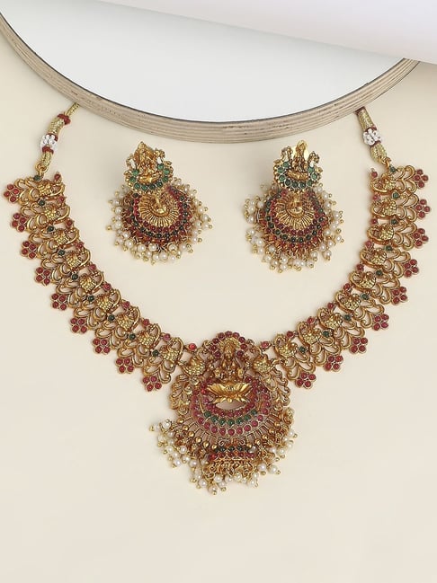 OOMPH Antique Gold Tone Red & Green Stone Laxmi Design Necklace Set for Women-picture-36