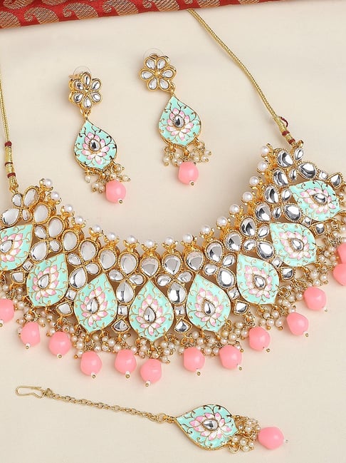 Buy Kundan Mint Green Choker Necklace Set online from Karat Cart