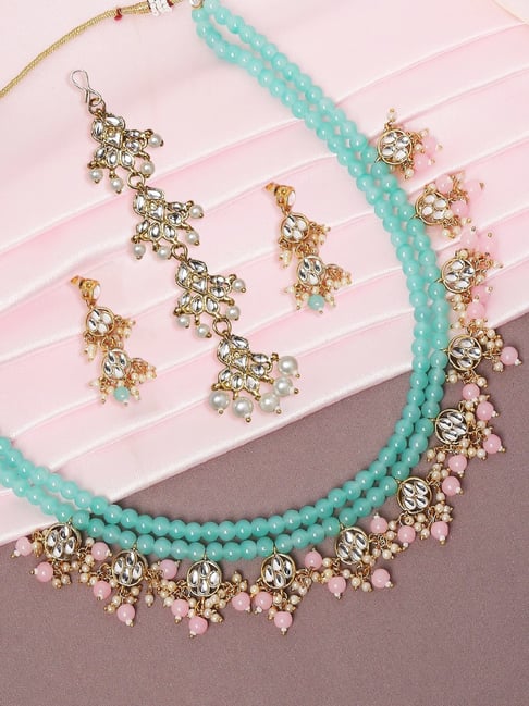 Buy Gold-Plated Kundan and Mint Green Beaded Choker Necklace Set online  from Karat Cart