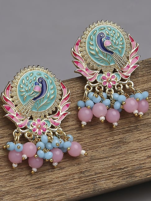 OOMPH Pink Turquoise Green Meenakari Peacock Design Ethnic Drop Earrings  for Women