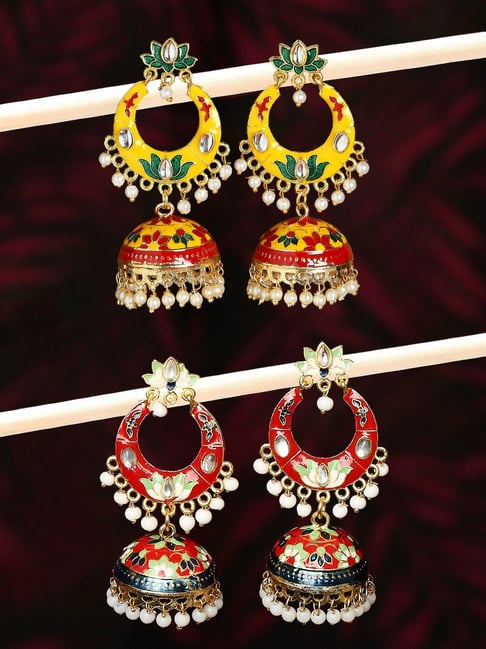 OOMPH Yellow & Red Meenakari Kundan & Pearls Jhumki Earrings for Women - Set of 2-picture-11