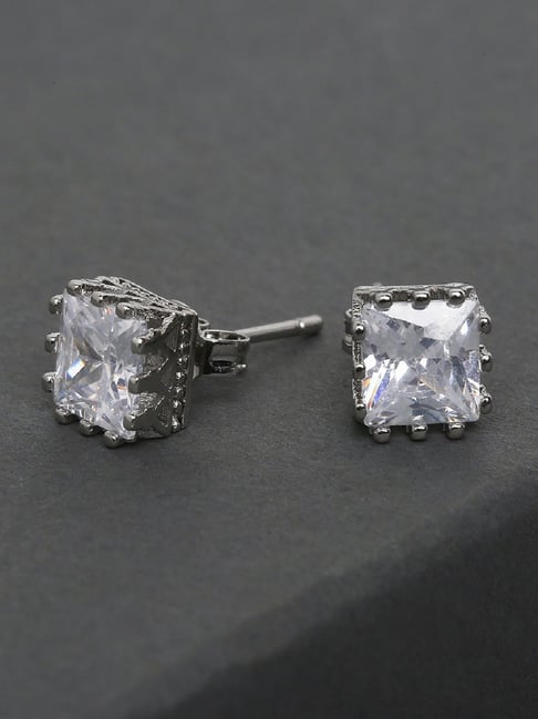 OOMPH Silver Tone Square Cubic Zirconia Office-Wear Fashion Stud Earrings for Women-picture-34