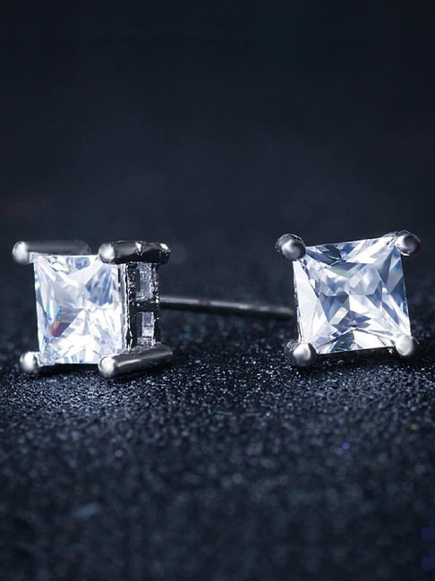 OOMPH Silver Tone Square Cubic Zirconia Small Ear Office-Wear Fashion Stud Earrings for Women-picture-42