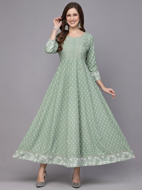 Flared Embroidered Light Green Rayon Long Kurti | DT-Style-10012 |  Cilory.com