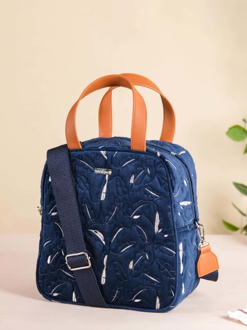 Nestasia High-Quality Insulated Velvet Navy Blue Lunch Bag With Adjustable Shoulder Strap & Handles