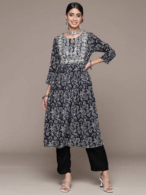 Black Rayon Printed Kurti Pant Set