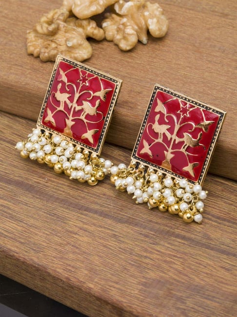 Buy Blueberry Red Colour Square Shape Drop Earring Online