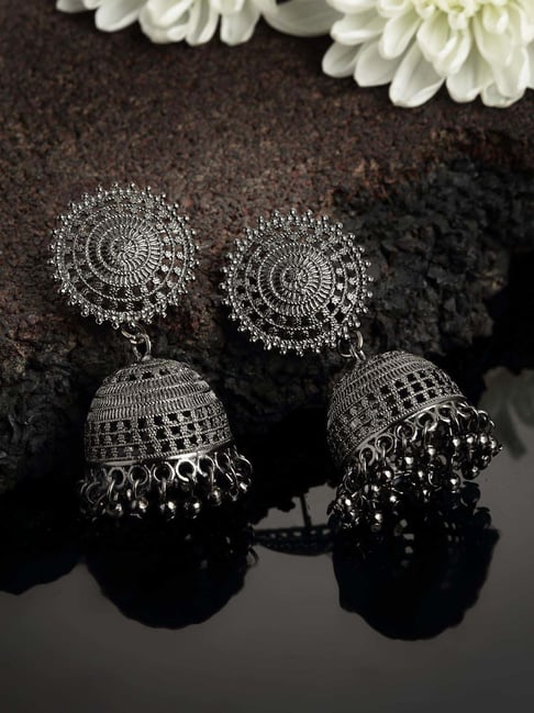 Silver Oxidised Black Jhumka Earrings - Vastrabhushan - 4200868