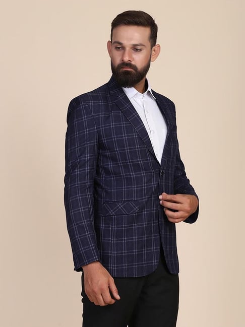TAHVO Navy Blue Slim Fit Checks Blazer