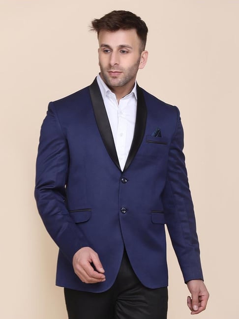 TAHVO Blue Black Cotton Slim Fit Blazer