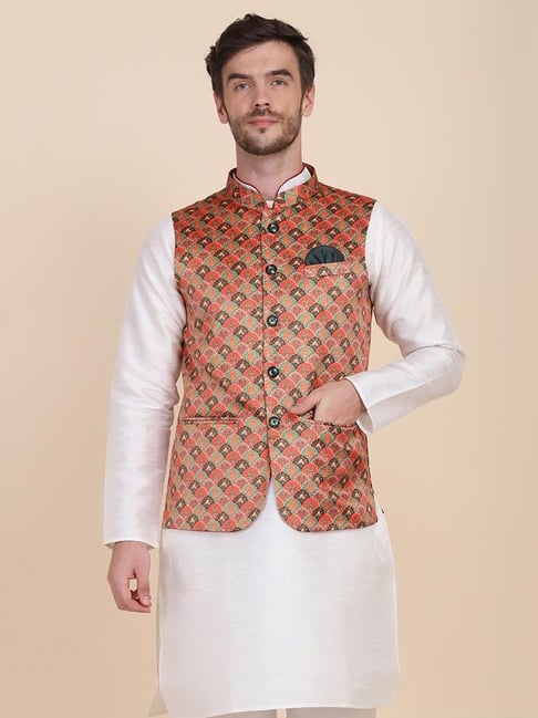 TAHVO Orange Satin Slim Fit Printed Nehru Jacket