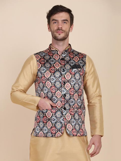 Men's Cotton Blend Dark Peach & Yellow Printed Nehru Jacket - Sojanya |  Cotton blend, Yellow print, Nehru jackets