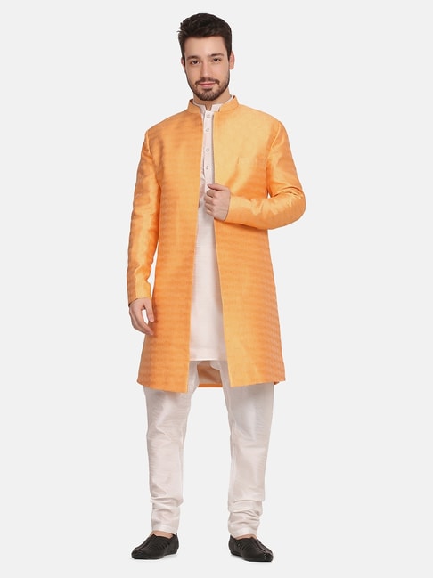 TAHVO Orange  Slim Fit Self Pattern Sherwani Jacket