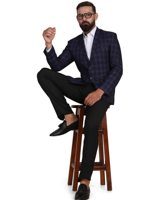 TAHVO Navy Blue  Slim Fit Checks Two Piece Suit-picture-25