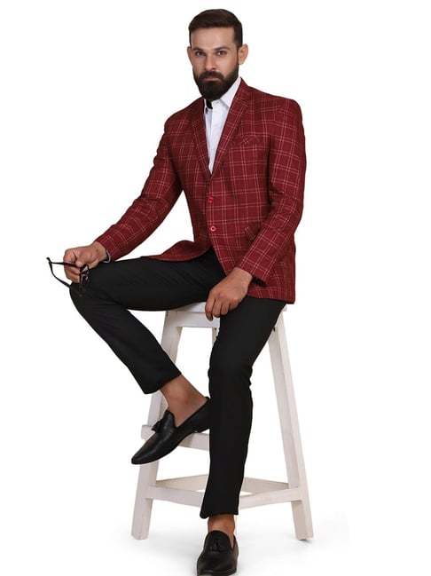 TAHVO Red  Slim Fit Checks Two Piece Suit-picture-43