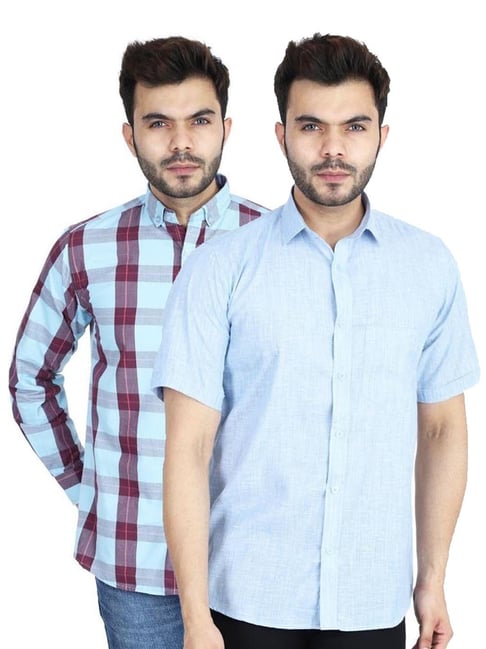 TAHVO Blue Cotton Slim Fit Shirt Pack of 2-picture-29