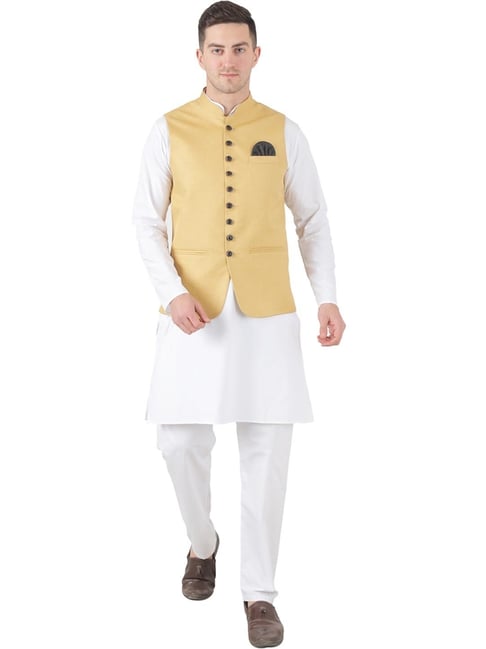 White kurta with deals golden waistcoat