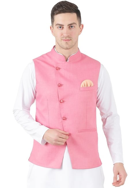 Embroidered Silk Kurta Payjama With Jacket in Cream and Pink -