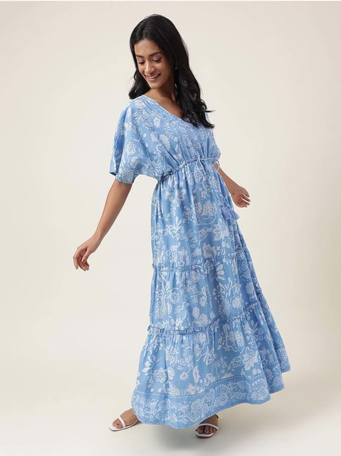 Fabindia Blue Cotton Printed Maxi Dress