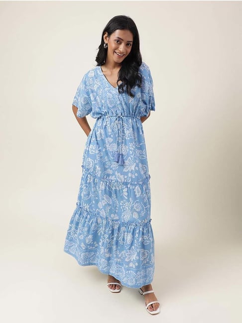 Fabindia Blue Cotton Printed Maxi Dress