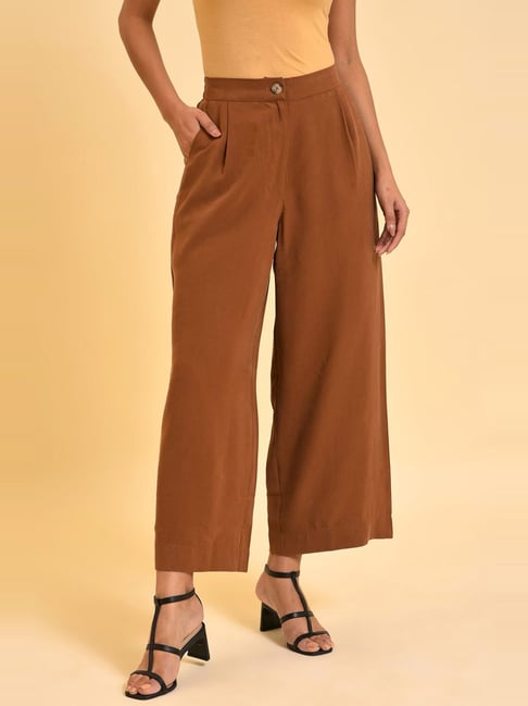 Fashionable Womens Smart Brown Trousers With Elasticated Waist :  Amazon.co.uk: Fashion
