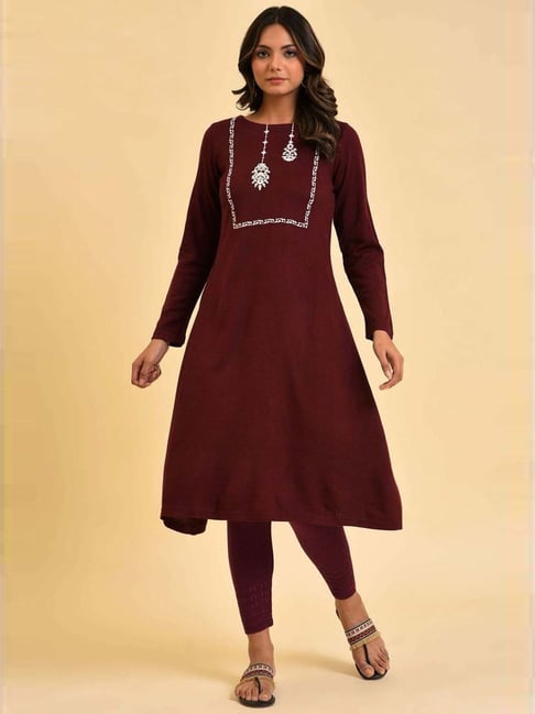 W Maroon Embroidered A Line Winter Kurta