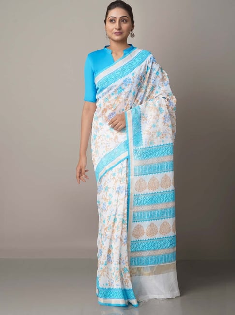 Buy Off-White Hand Block Printed Cotton Silk Saree for Women | FGSA22-07 |  Farida Gupta