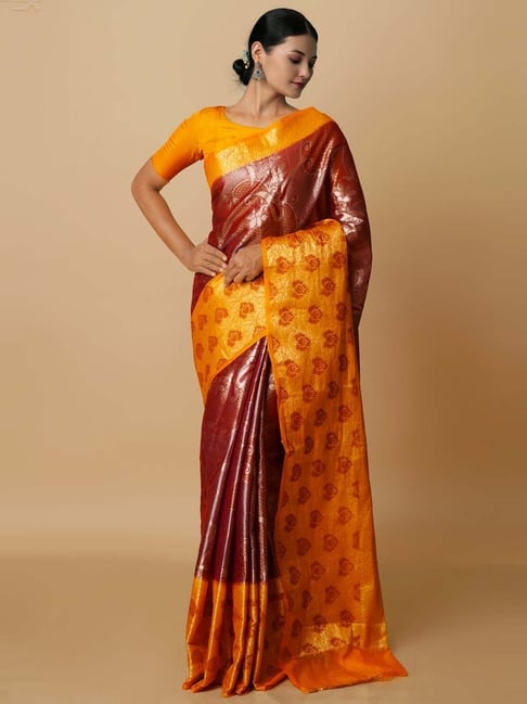 Trendy Yellow Cotton Handloom Silk Saree with Maroon Blouse