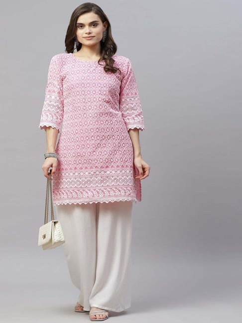 Miravan Pink Cotton Embroidered Straight Kurta-picture-35