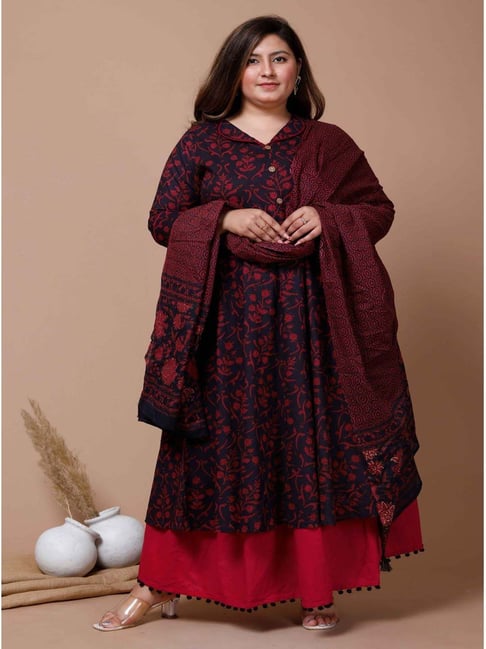 Miravan Maroon Cotton Printed Anarkali Kurta With Dupatta-picture-30