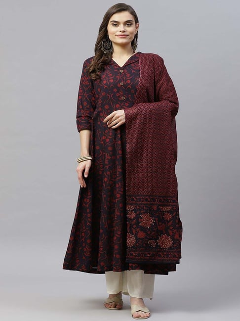 Miravan Maroon & White Cotton Printed Kurta With Dupatta-picture-27