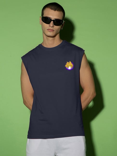 Bewakoof Blue Boxy Fit Gohan Printed Tank Tees