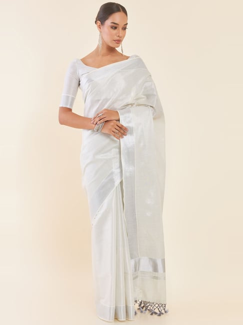 Buy Soft & Graceful. Pure Handwoven Khadi Cotton Saree (With Blouse Piece)  - White & Red Sequin Pallu Online