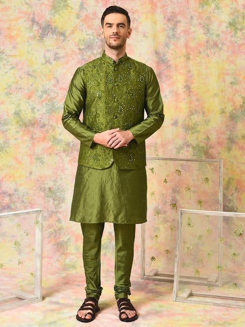 Green Mens Kurta Set With Embroidered Jacket