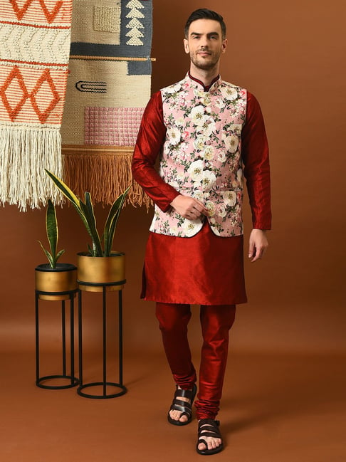 Red monochrome kurta with Nehru jacket and matching turban set – Lagorii  Kids